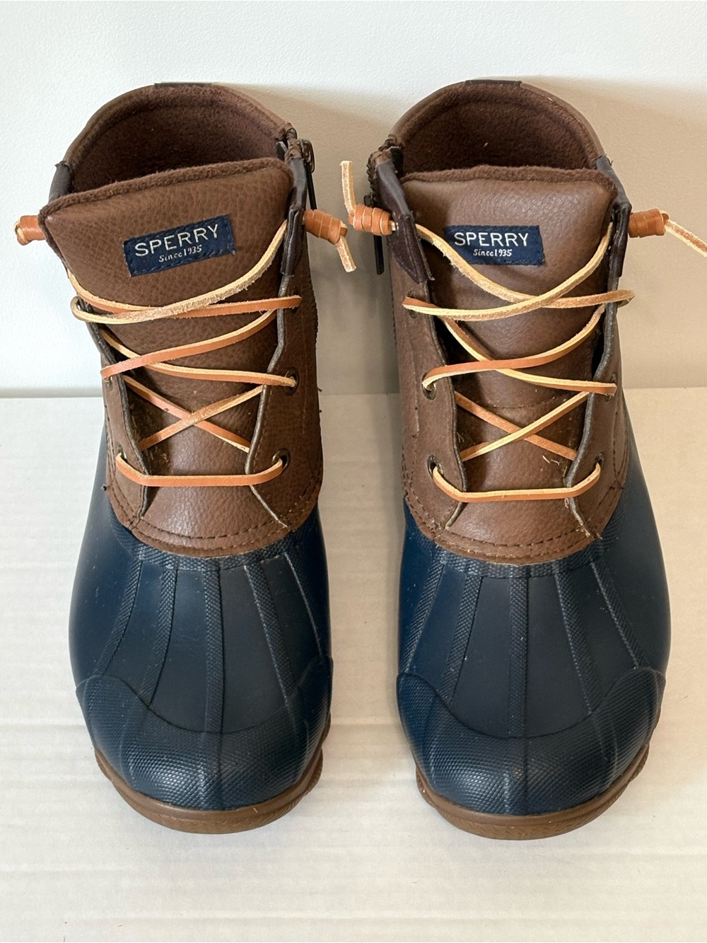 Sperry Syren Gulf Duck Boots Navy Blue Brown Water Resistant Ankle Booties Sz 6M